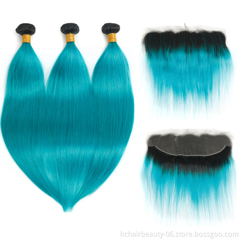Ombre #1B/Blue Peacock Bundles With Frontal Straight Ombre Blue Human Hair Bundles With Lace Frontal Brazilian Remy Human Hair